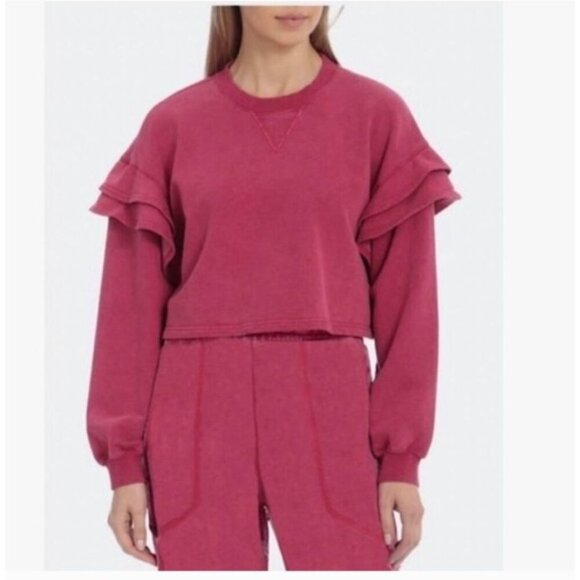 NEW! 7 For All Mankind Berry Cropped Ruffle Sleeve Sweatshirt Medium - Picture 2 of 14